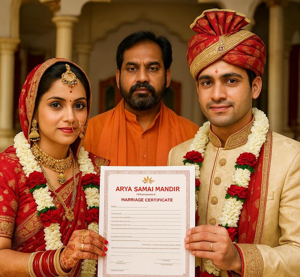 Indian couple with Arya Samaj Mandir Marriage Certificate after successful registration Delhi